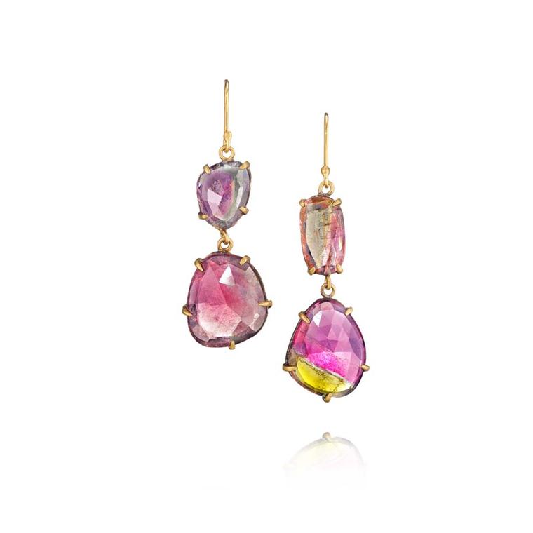 Margery Hirschey bi-colour tourmaline drop earrings in gold and silver.